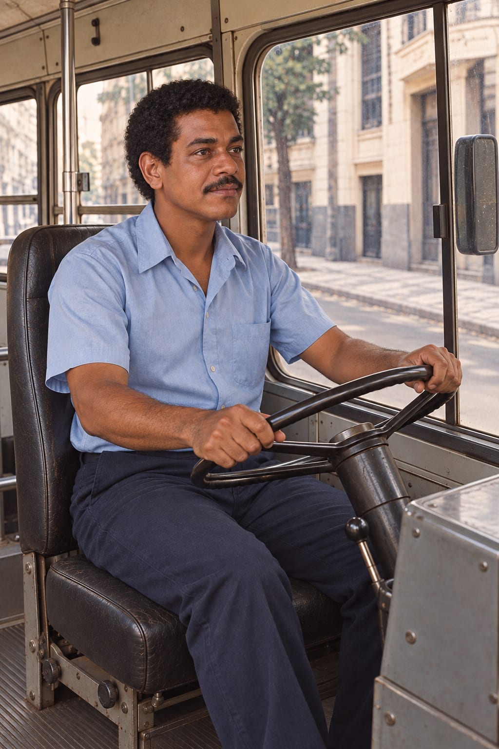 Antonio joven al volante de un ómnibus.