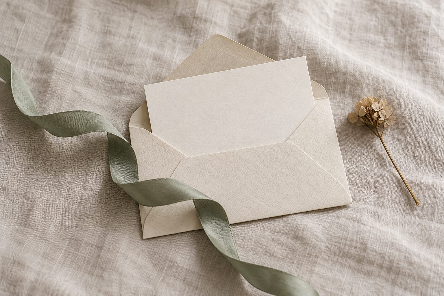 Una tarjeta en blanco dentro de un sobre de papel, con una cinta verde y una flor seca sobre lino.