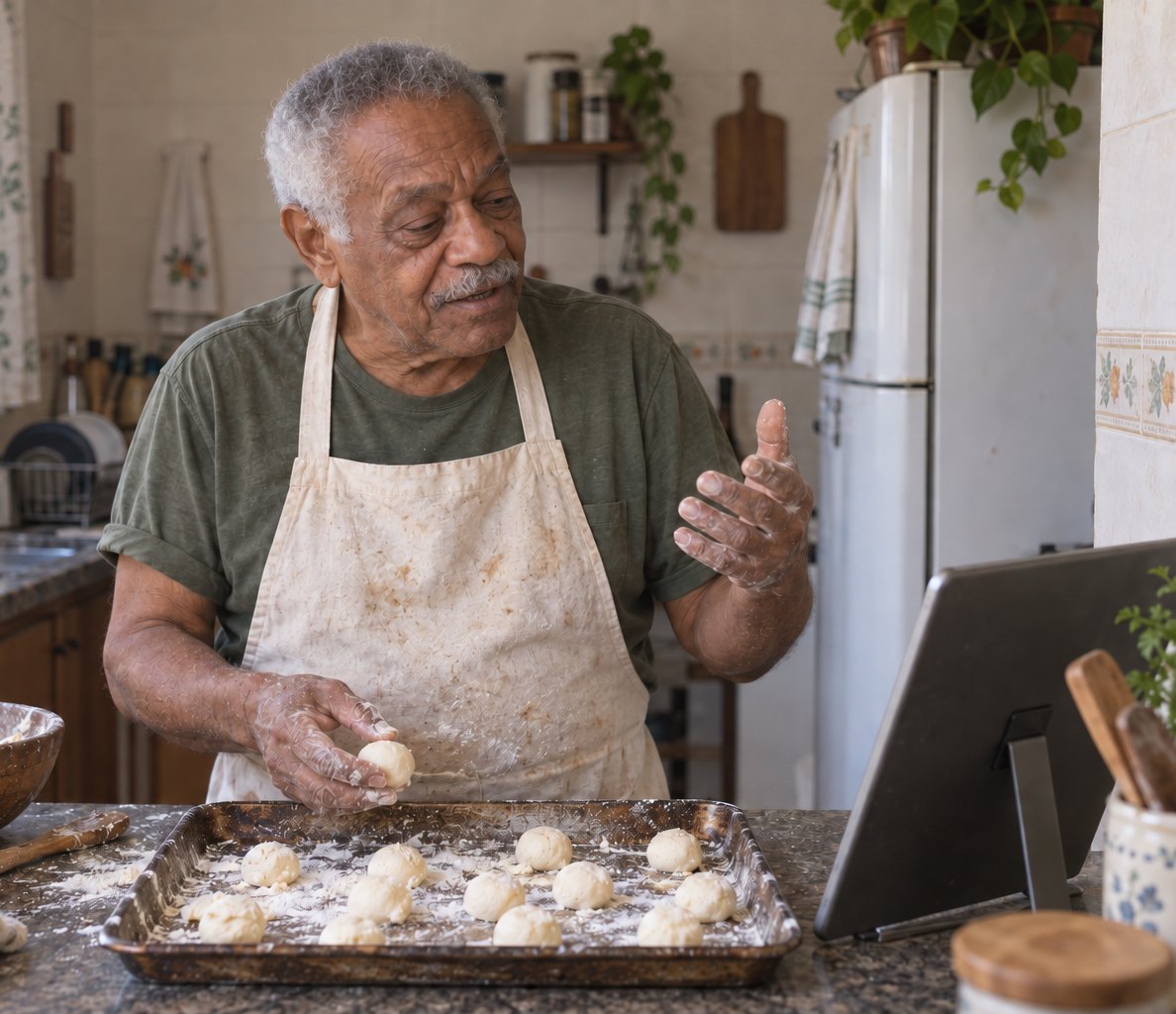 Antonio arma bolitas de pão de queijo en su cocina mientras le explica la receta a la tablet.