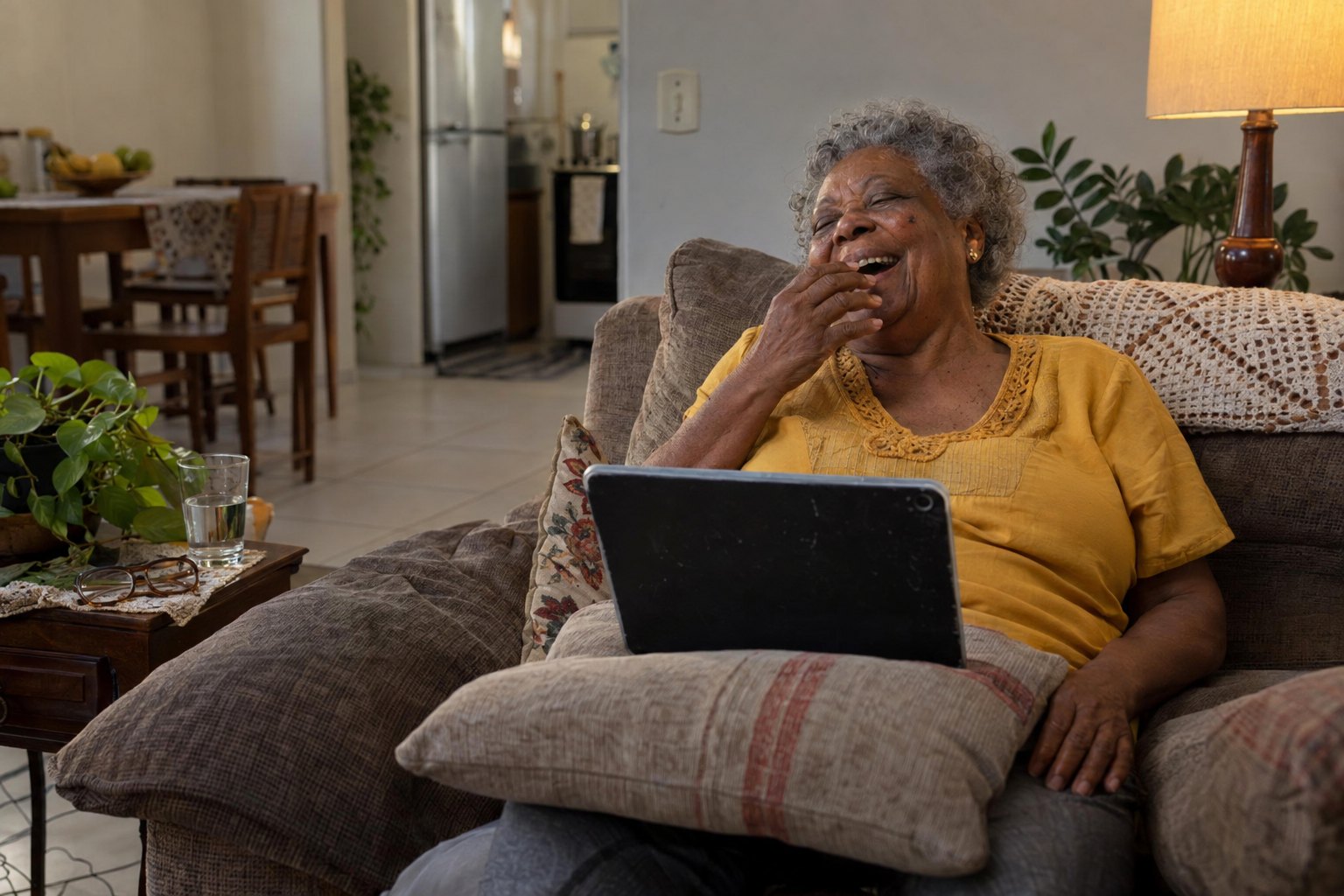 Lourdes se ríe en el sofá de su living con la tablet apoyada en un almohadón.