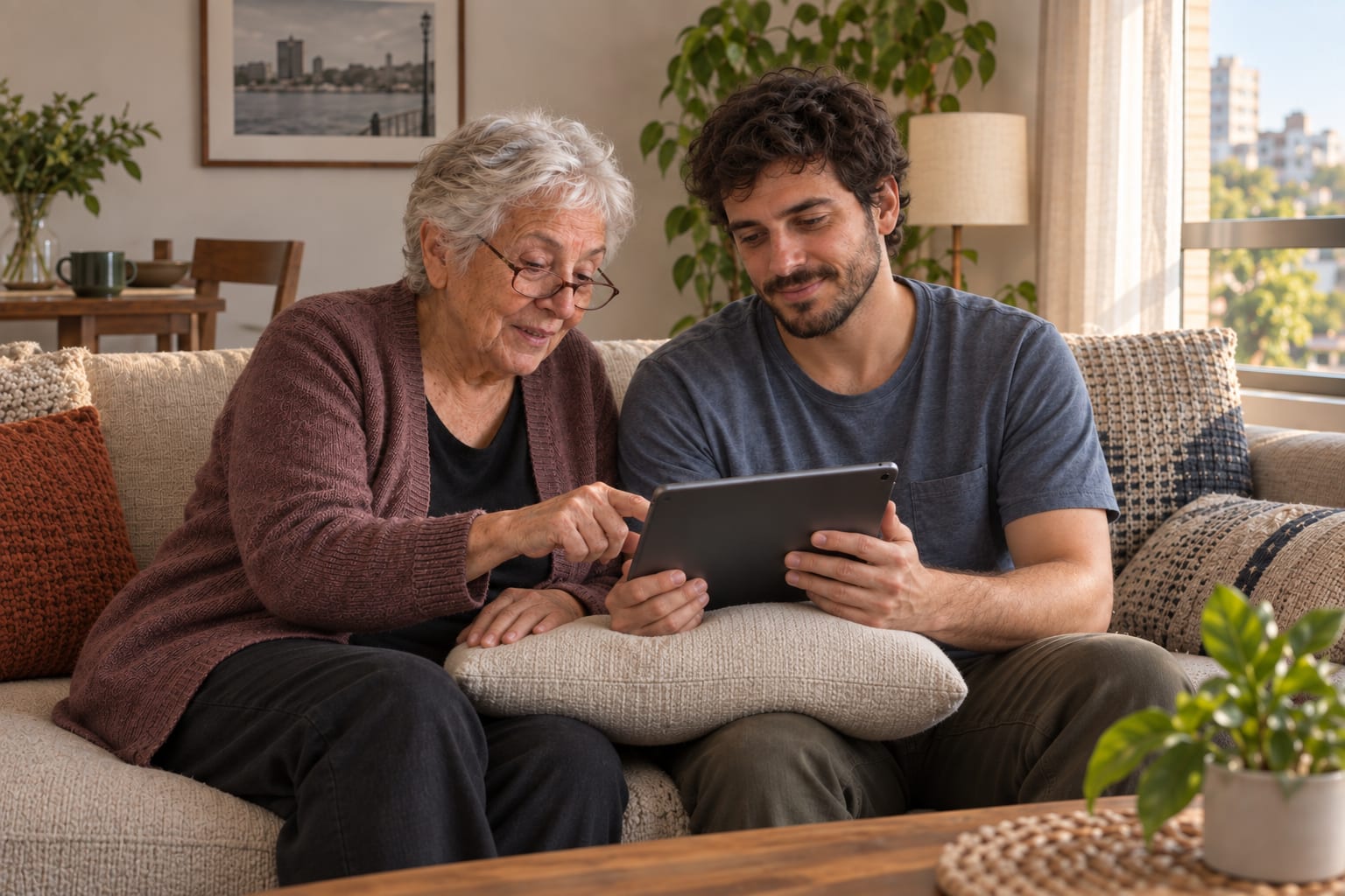 Mateo le deja la tablet lista a su abuela Elvira en el sillón.